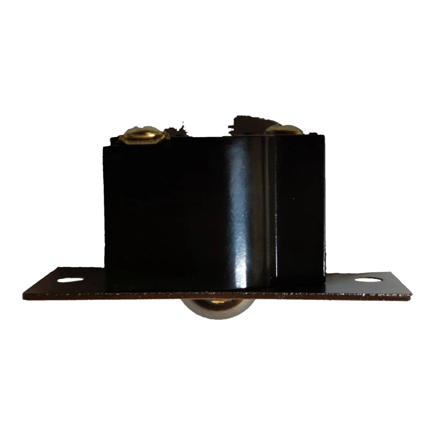 A black metal electrical component or junction box with a flat mounting plate, two screw terminals, and a small metallic ball or connector underneath, shown against a plain white background.