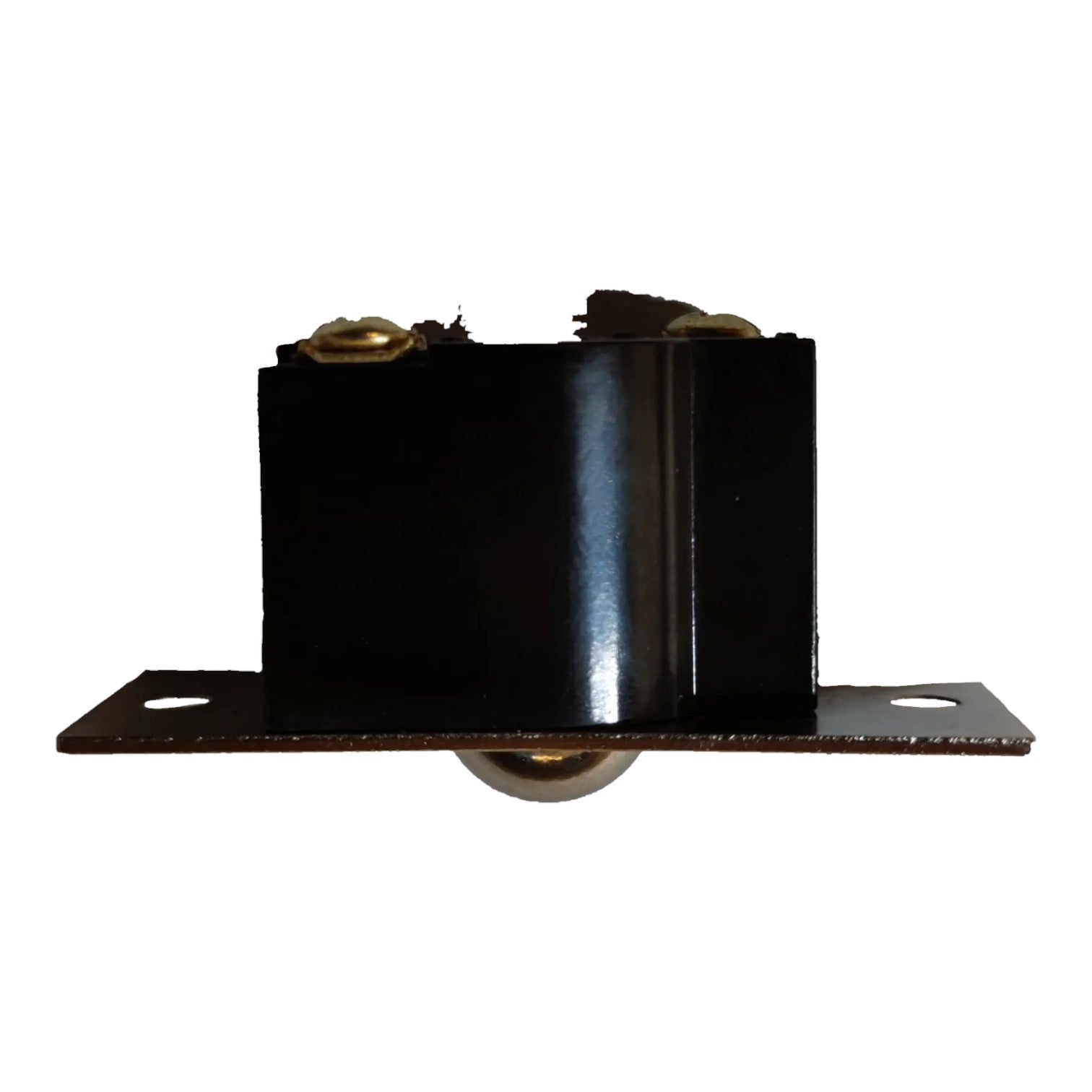 A black metal electrical component or junction box with a flat mounting plate, two screw terminals, and a small metallic ball or connector underneath, shown against a plain white background.