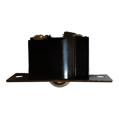 A black metal electrical component or junction box with a flat mounting plate, two screw terminals, and a small metallic ball or connector underneath, shown against a plain white background.