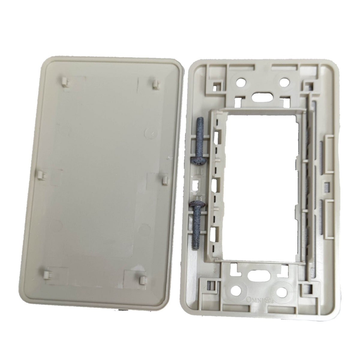 A light gray plastic electrical switch plate frame kit, showing both the front cover plate and the back mounting frame with two mounting screws.