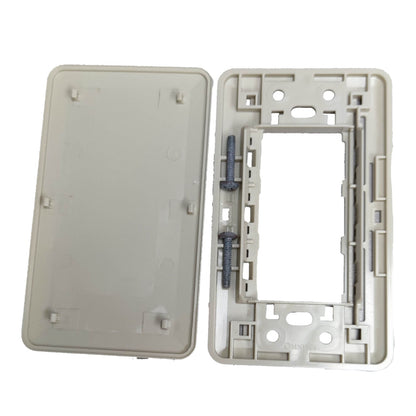A light gray plastic electrical switch plate frame kit, showing both the front cover plate and the back mounting frame with two mounting screws.