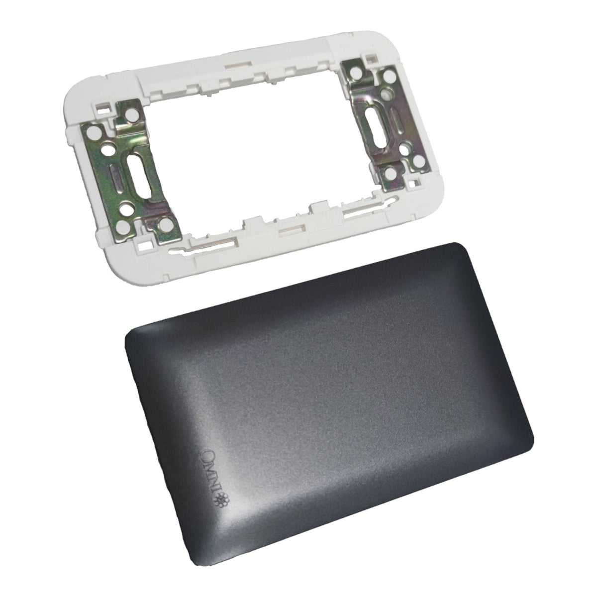 A replacement electronic device cover featuring a matte black front faceplate and a white mounting bracket with green internal metal contacts, shown on a plain white background.