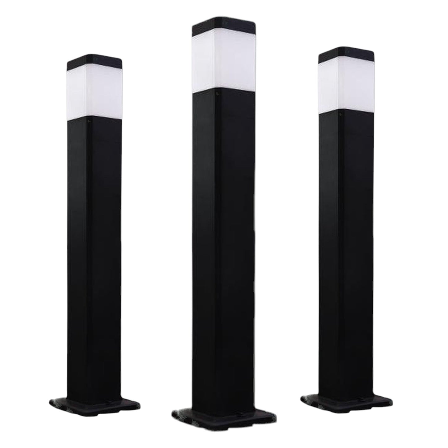 Three modern outdoor bollard lights with black rectangular posts and frosted white square shades, shown on a plain white background.