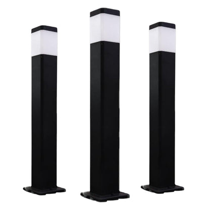 Three modern outdoor bollard lights with black rectangular posts and frosted white square shades, shown on a plain white background.