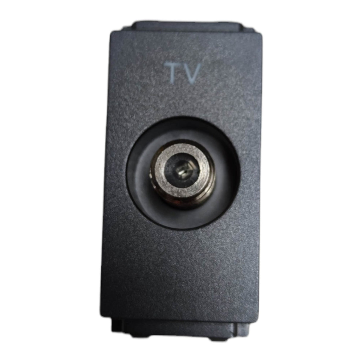 A black rectangular electronic component with a circular recessed area in the center containing a metallic coaxial TV-style connector, with the letters 'TV' printed above it, isolated on a white background.