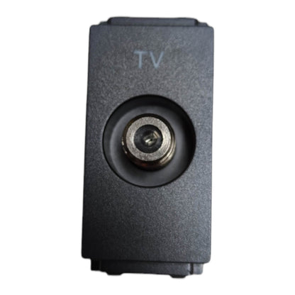 A black rectangular electronic component with a circular recessed area in the center containing a metallic coaxial TV-style connector, with the letters 'TV' printed above it, isolated on a white background.