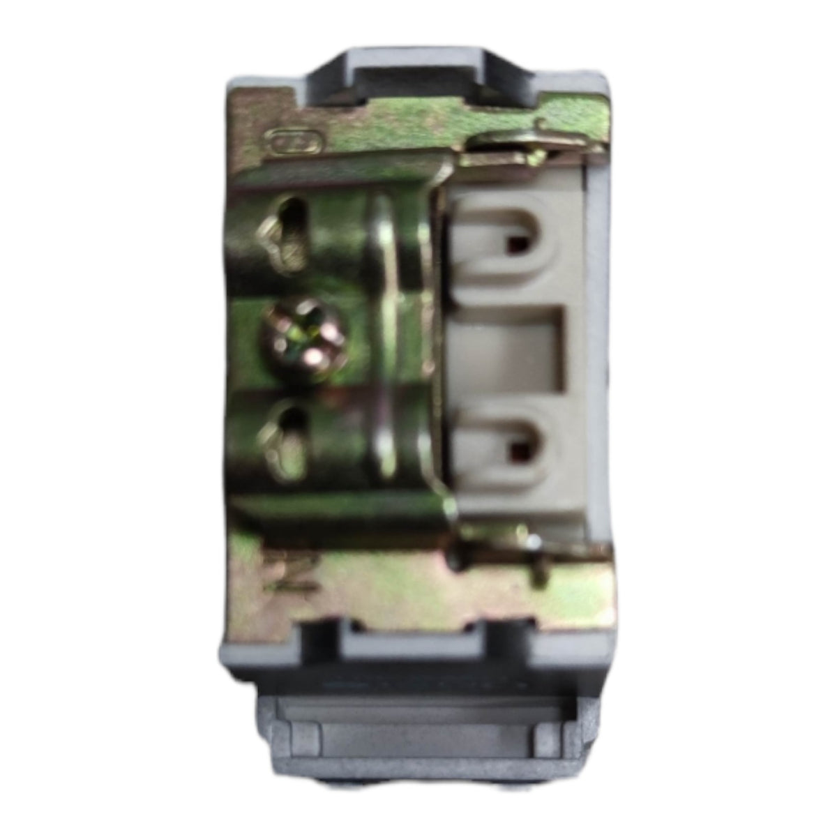 A close-up of a metal electrical terminal block or connector component with a gray plastic housing, shown against a plain white background.