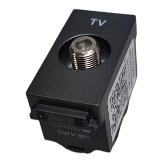 A black Omni DWV-301 TV antenna connector block with a threaded metal center and a white QR code label on the side, shown on a white background.
