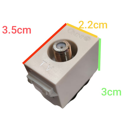 A small beige plastic TV antenna connector block with a threaded metal center, shown on a white background with overlaid dimension labels in red, yellow, green, and light blue indicating 3.5cm, 2.