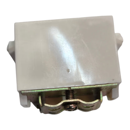 A small plastic electrical switch or connector component with a white plastic housing and a metal latch mechanism at the bottom, shown on a plain white background.