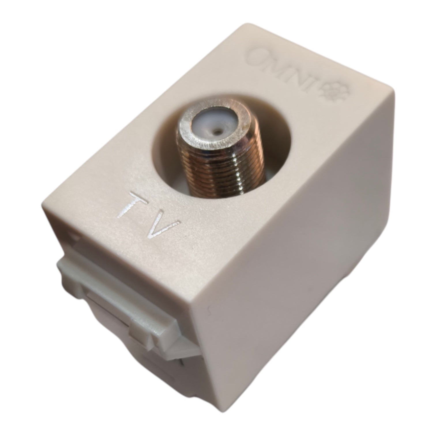 An Omnet TV antenna connector block in a light beige plastic housing with a threaded copper coaxial connector, featuring 'TV' and 'Omnet' markings on a white background.