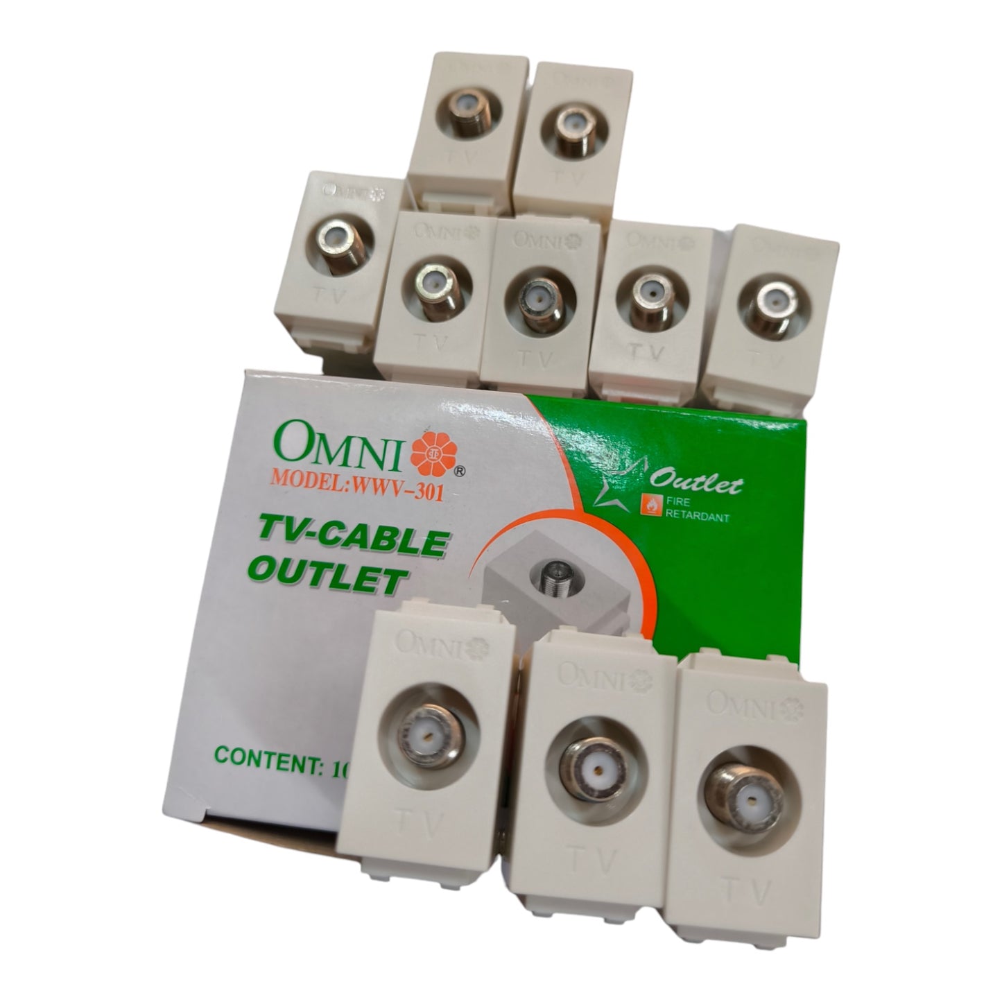 Eight beige Omni TV Cable Outlet connectors with silver RF connectors, arranged around their green and white retail packaging box.