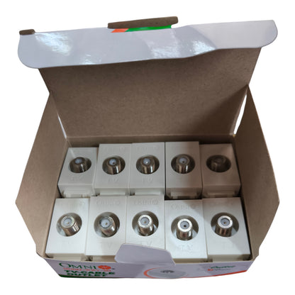 An open cardboard box containing eight white Omni Micro 12V DC RF power modules with SMA connectors, on a white background.