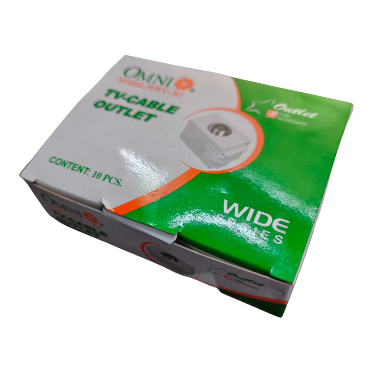 A box of Omni TV-Cable Outlet Wide Series, containing 10 pieces, shown at an angle on a white background.