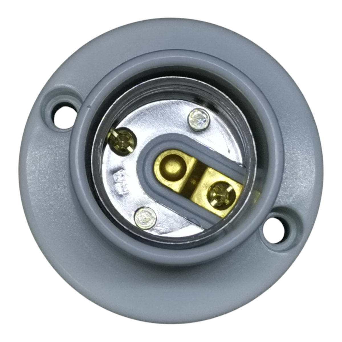 Gray electrical connector with gold contacts on a white background