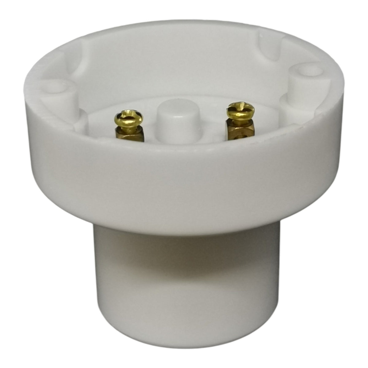 White light bulb socket with gold contacts on a white background