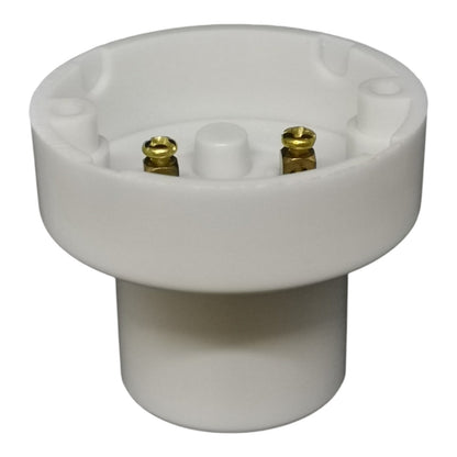 White light bulb socket with gold contacts on a white background