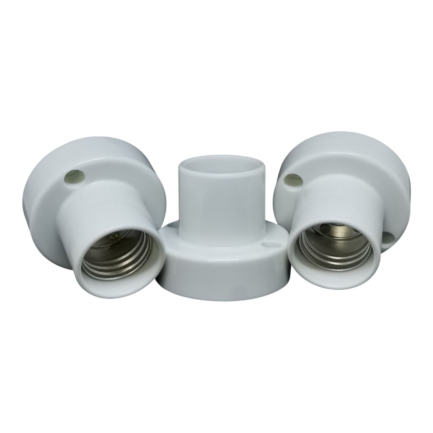 Three white light bulb sockets on a white background