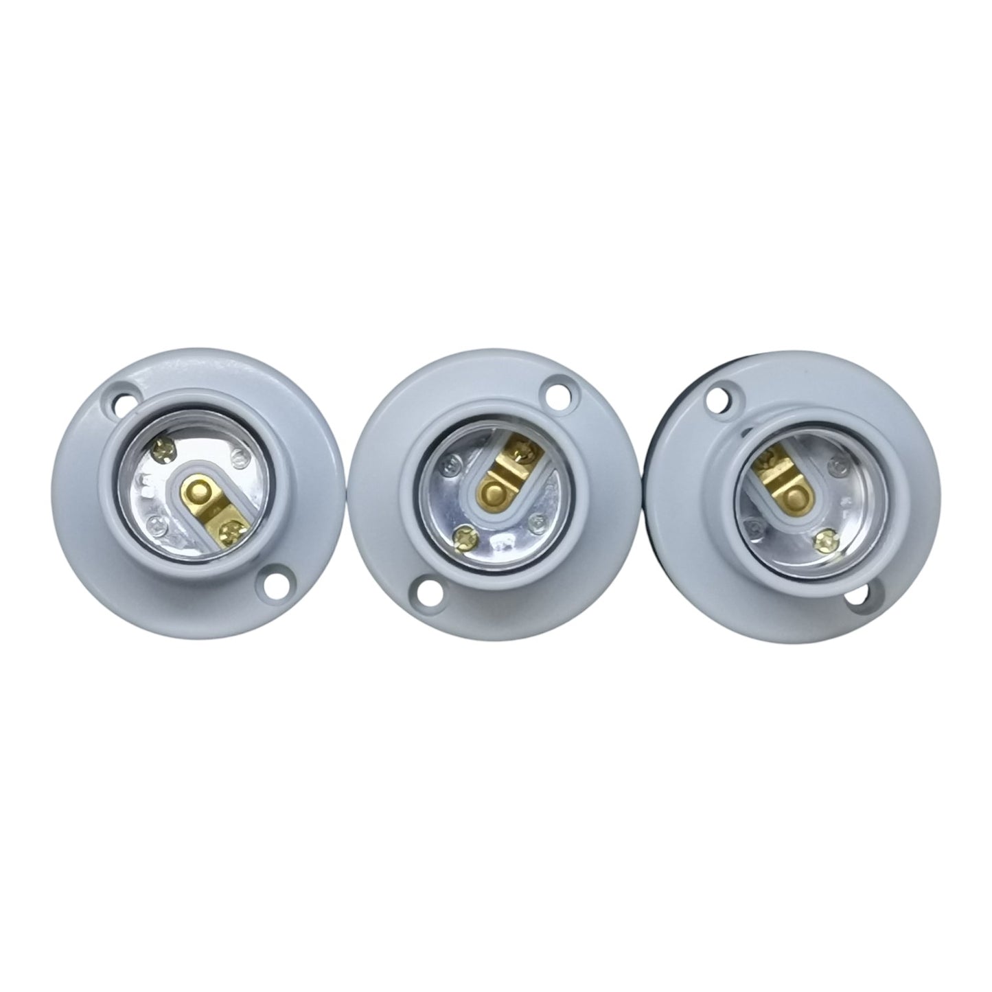 Three light bulb sockets on a white background