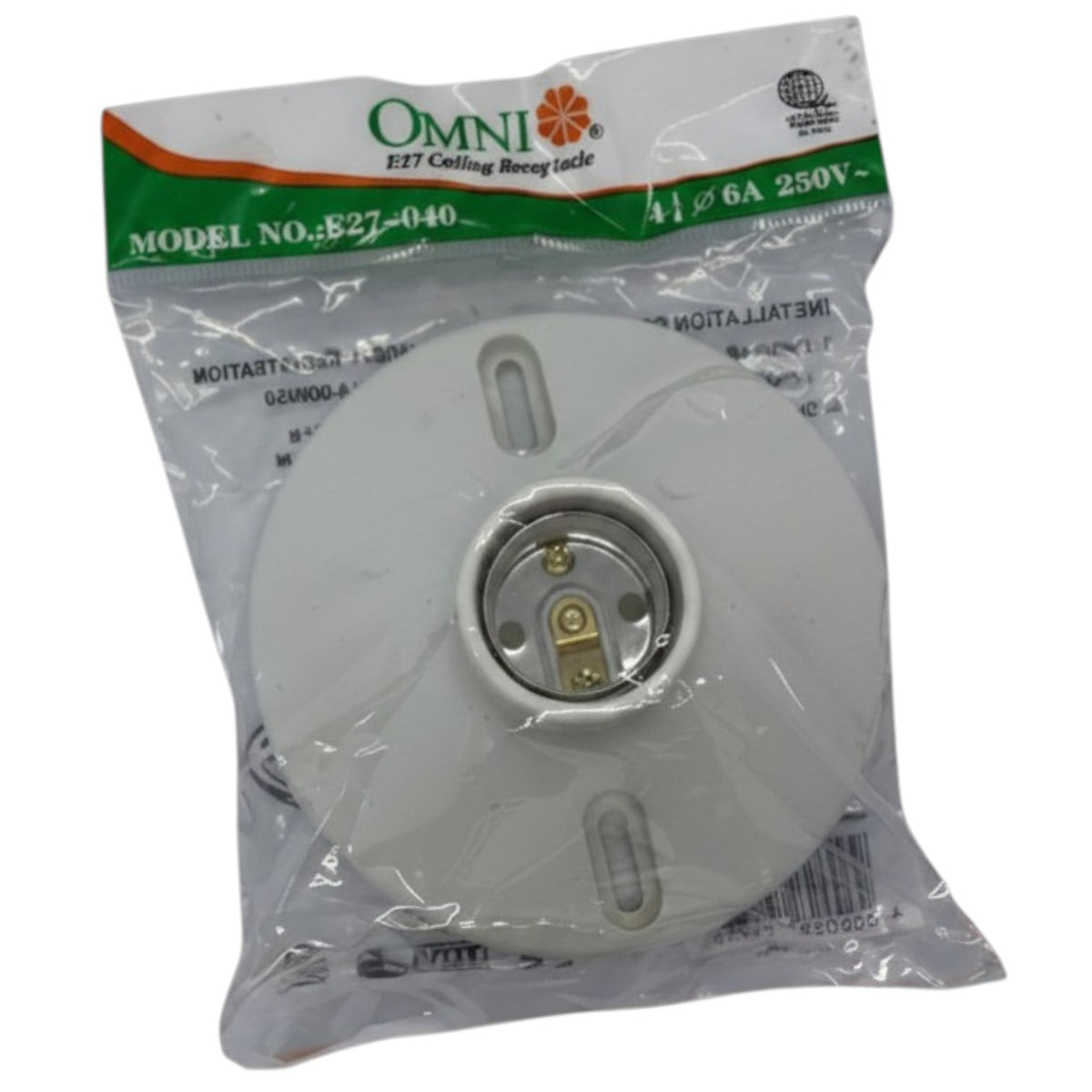 Plastic electrical socket in clear packaging with Omni branding on a white background