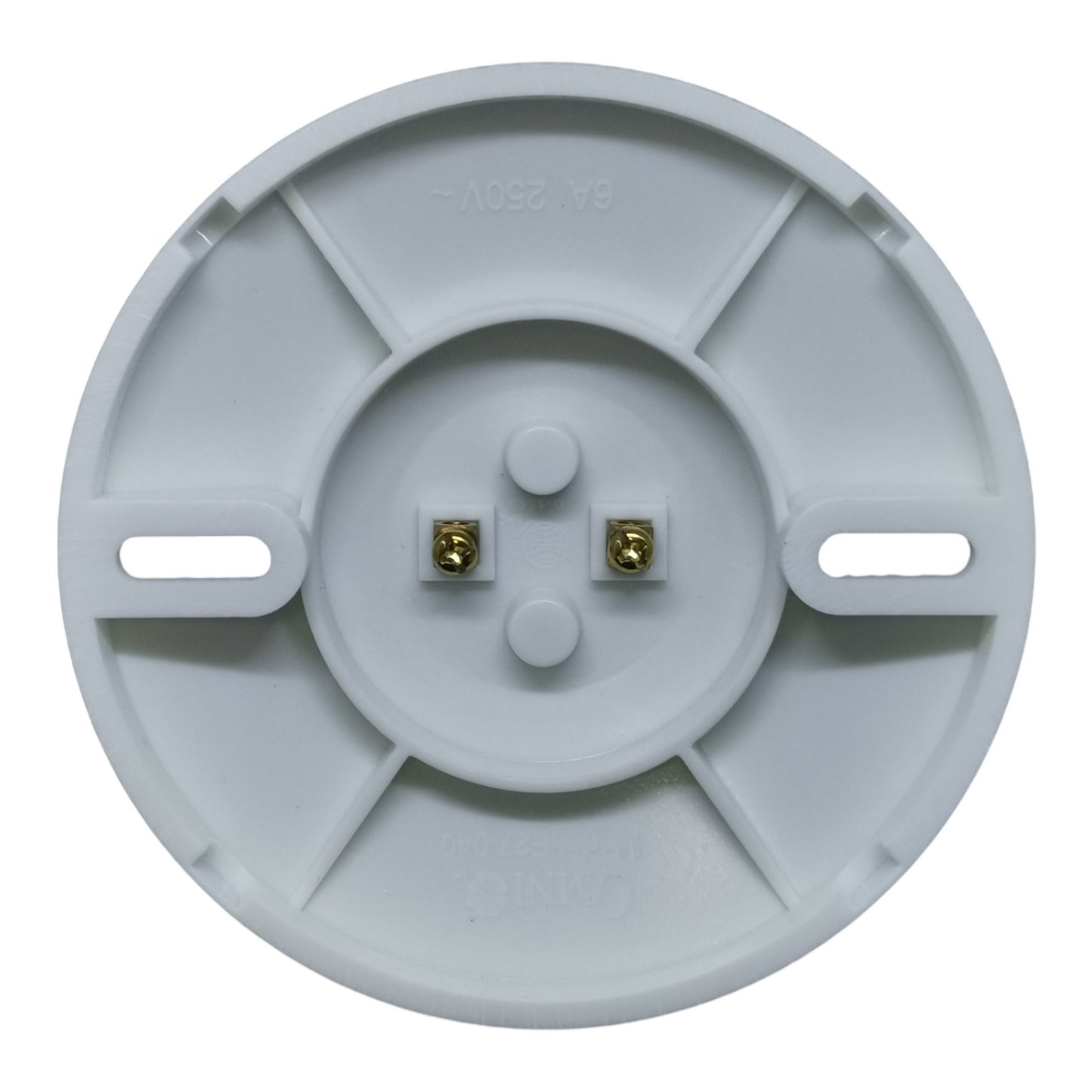 Round white speaker grill with gold connectors on a white background