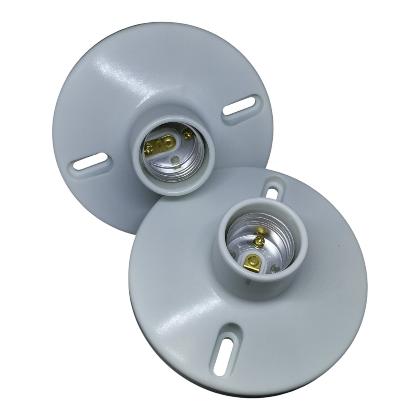 Two white light socket bases on a white background