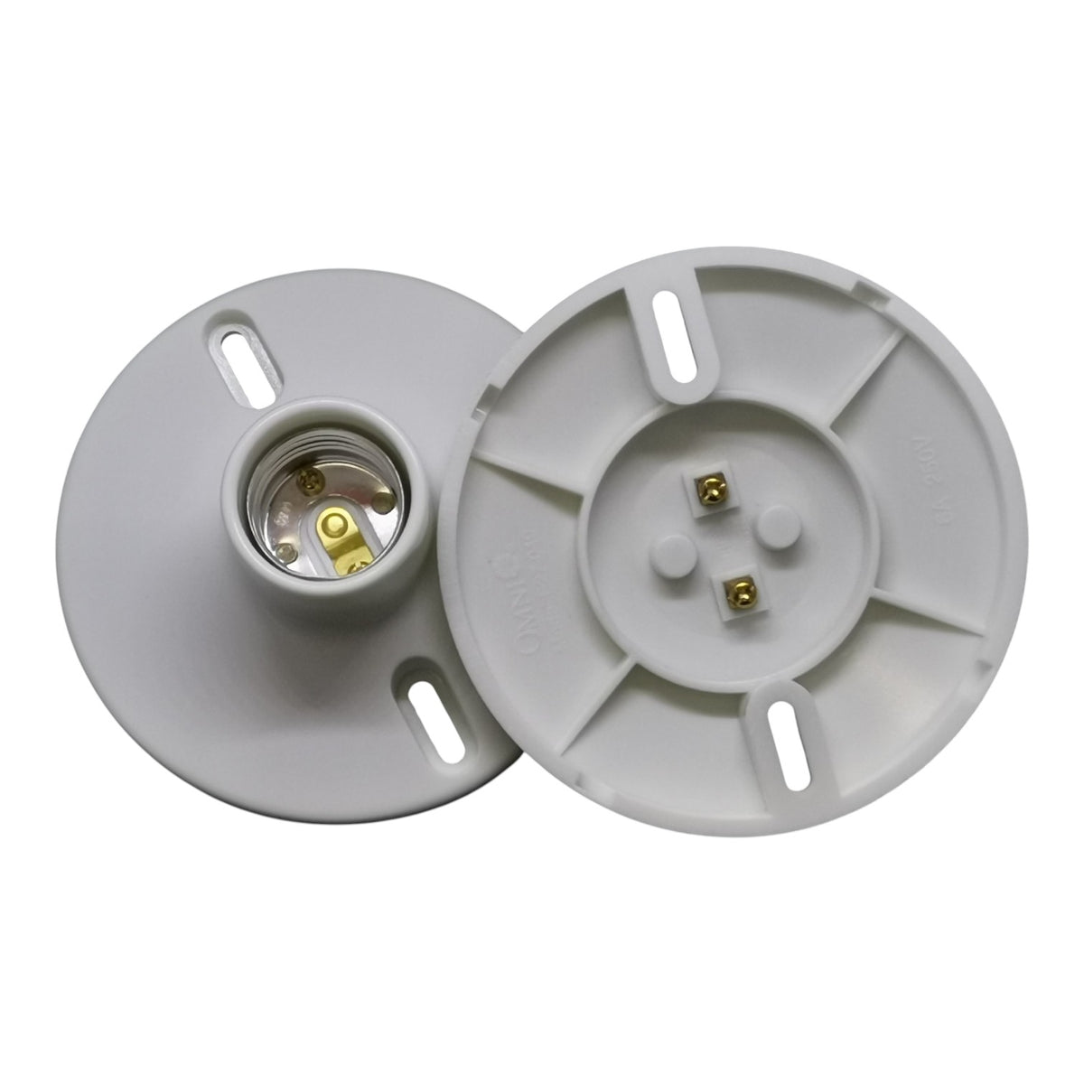 Two white light socket covers on a white background