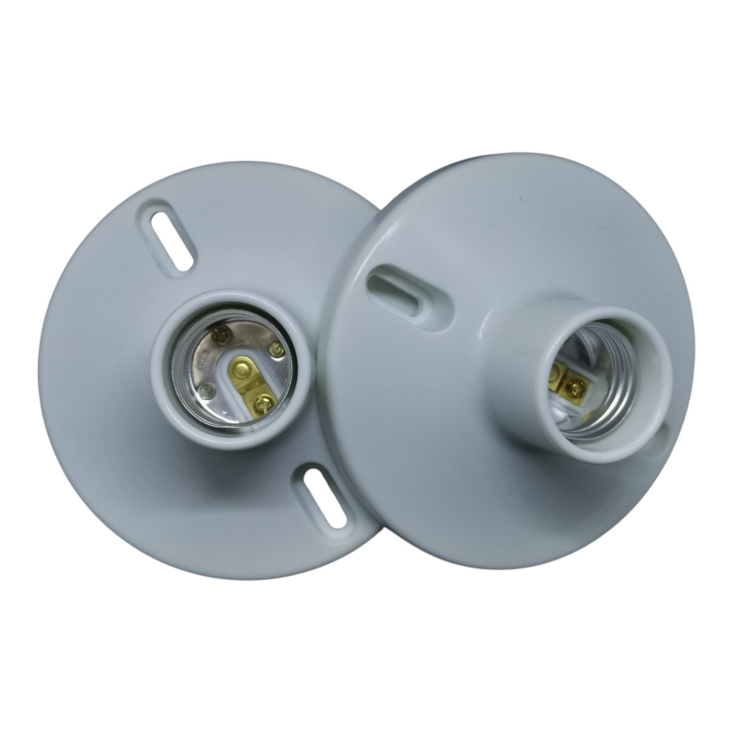 Two gray light bulb sockets on a white background