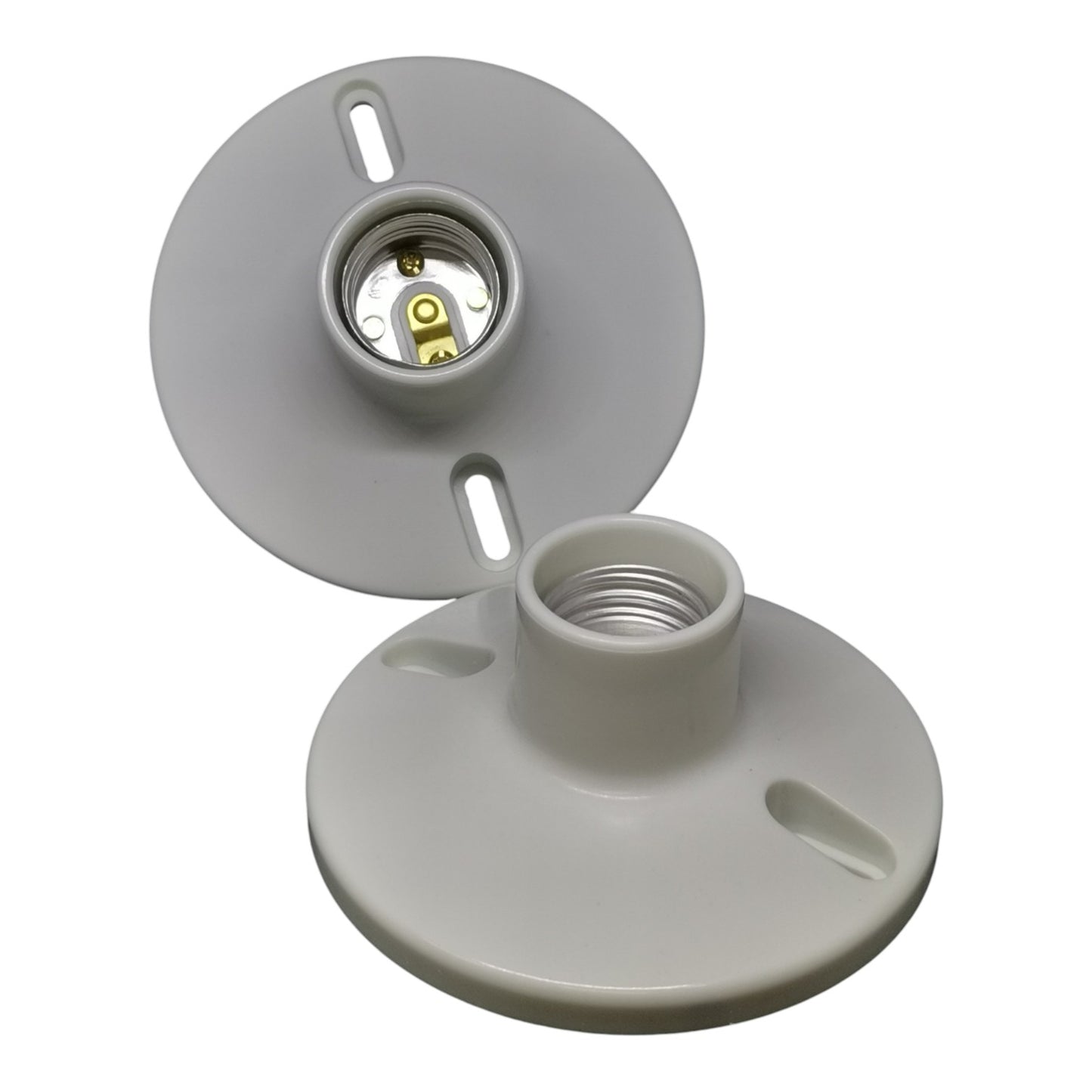 Two white lamp socket bases on a white background