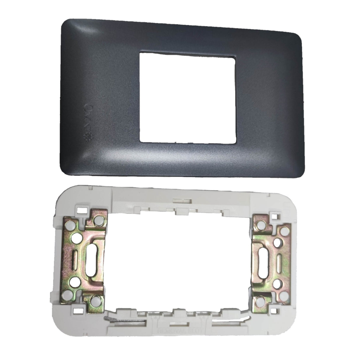 A black plastic faceplate cover and a white metal mounting frame with screw terminals, shown against a plain white background.