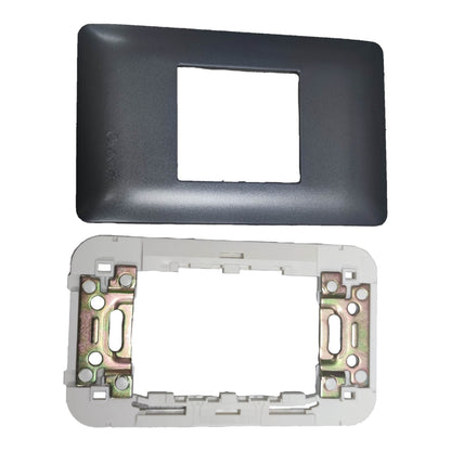 A black plastic faceplate cover and a white metal mounting frame with screw terminals, shown against a plain white background.