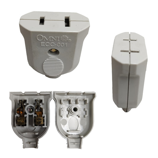 A light gray plastic electrical plug adapter shown from multiple angles on a white background, with the front, side, and internal contact details visible.