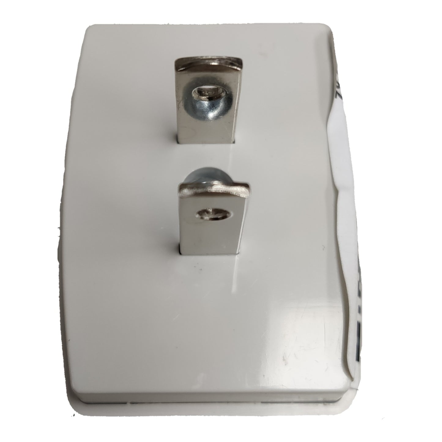 A white electrical outlet cover plate with two silver metal screw terminals, shown against a plain white background.