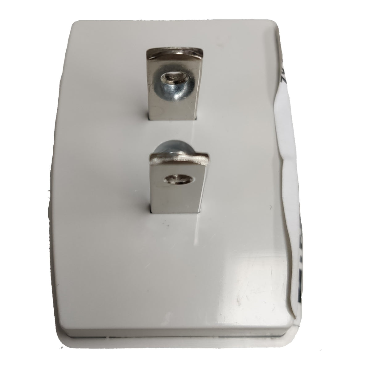 A white electrical outlet cover plate with two silver metal screw terminals, shown against a plain white background.