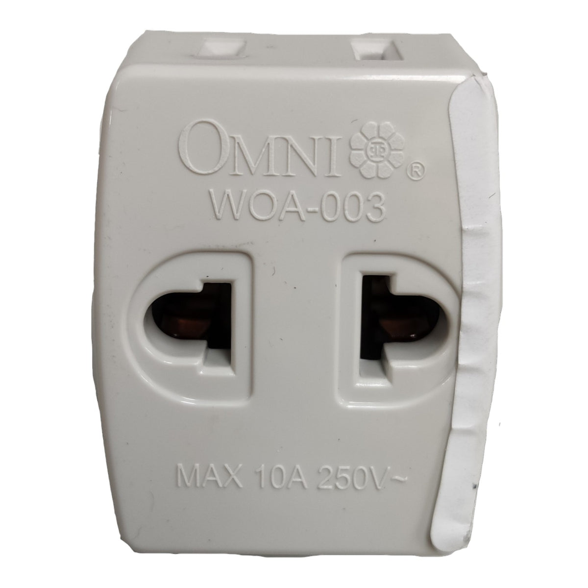 An Omni WOA-003 two-pin travel adapter plug, shown from the front on a plain white background.