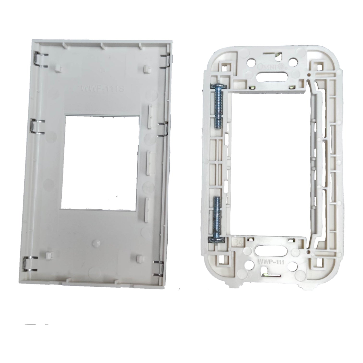 A white plastic electrical switch plate cover and matching backplate shown on a white background, with a small blue metal screw visible on the back frame.