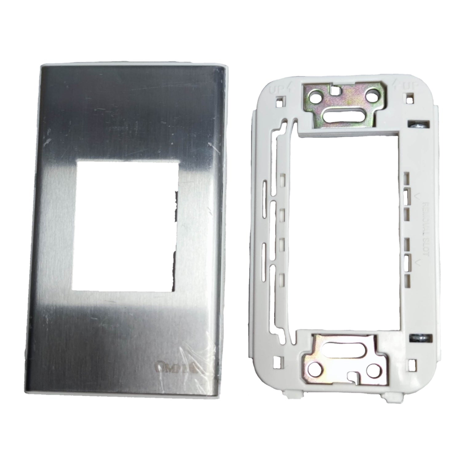 A replacement light switch panel set featuring a brushed stainless steel faceplate on the left and the white plastic mounting bracket on the right, shown against a plain white background.