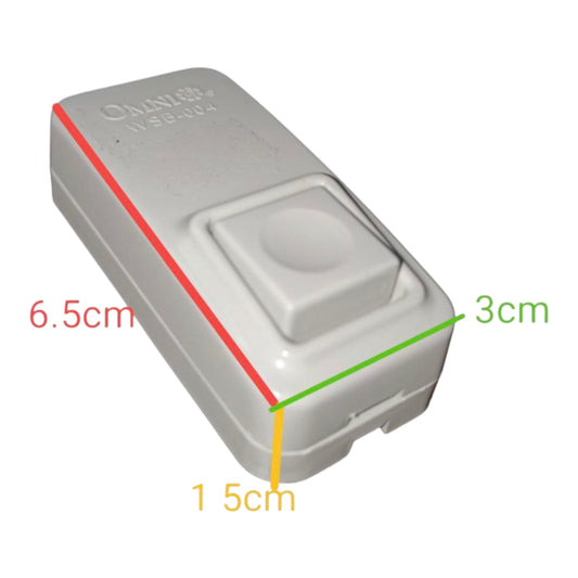 A white plastic electronic sensor or switch with dimension annotations showing measurements of 6.5cm, 3cm, and 1.