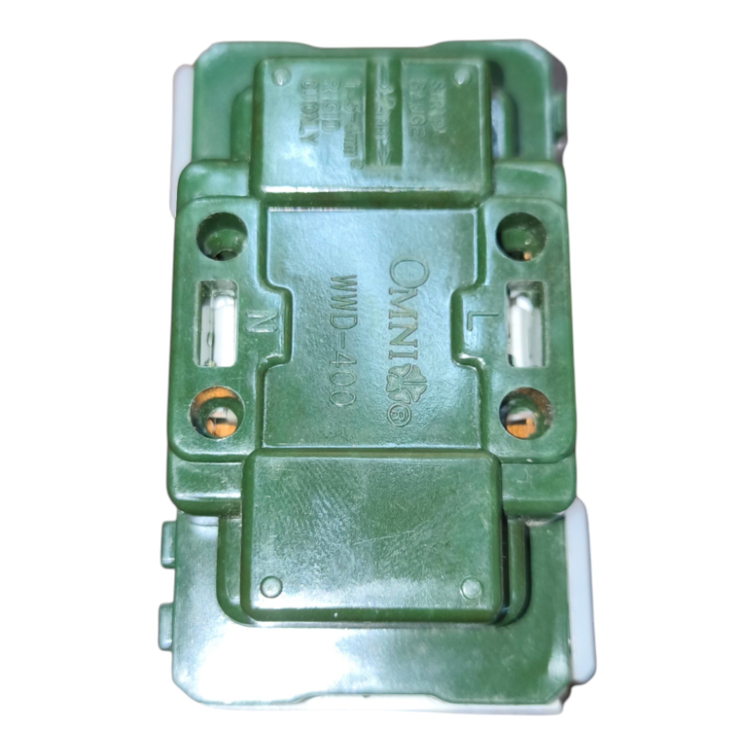 A green Omnilife WWD-400 waterproof switch module, showing the back side with screw terminals and internal components, isolated on a white background.