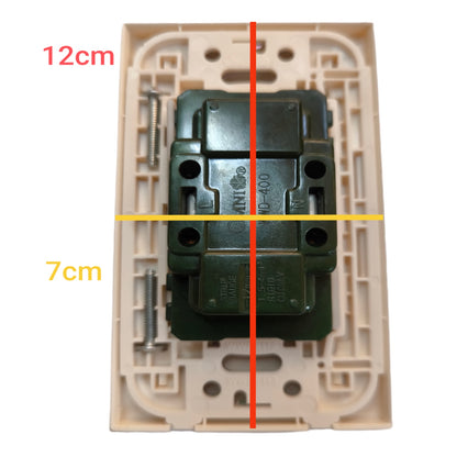A product dimension diagram showing a beige plastic electrical switch plate with a dark green central component. Red and yellow measurement lines with text labels '12cm' and '7cm' indicate dimensions on a white background.