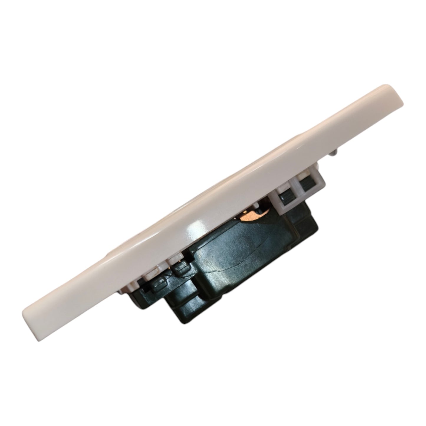 A white plastic electrical switch or socket component with a black internal mechanism, shown on a plain white background.