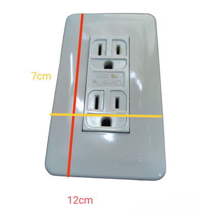 A white electrical outlet cover plate with dimension annotations showing 7cm height, 12cm width, and a red vertical measurement line.