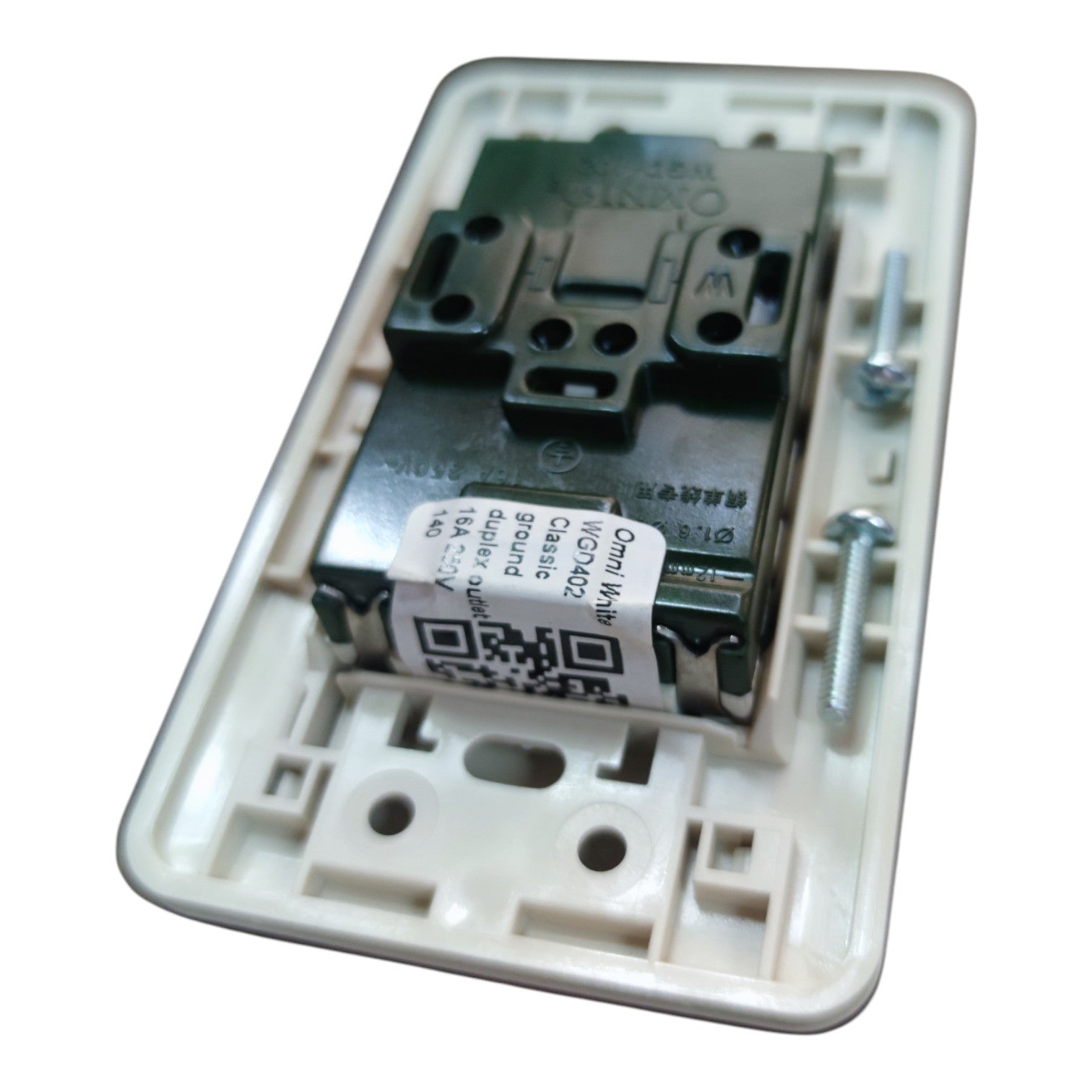 A replacement backplate for a light switch, featuring a cream-colored plastic housing with a black internal mechanism and a white product label.