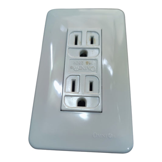 An Onni 30A double outlet electrical wall plate in glossy white, shown against a plain white background.