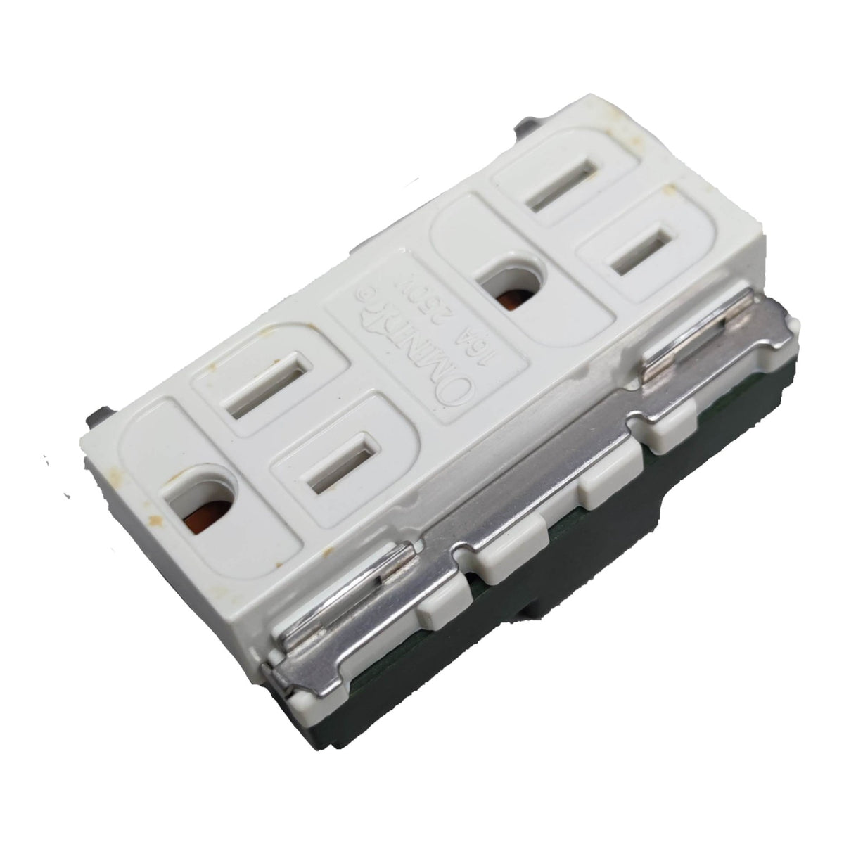 A single three-outlet electrical outlet cover plate with a white plastic top, silver metal lugs, and a black base, shown on a plain white background.