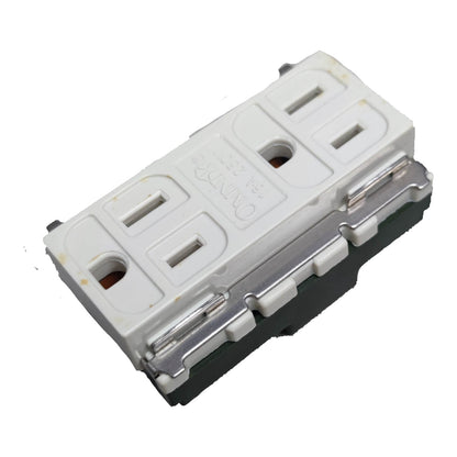 A single three-outlet electrical outlet cover plate with a white plastic top, silver metal lugs, and a black base, shown on a plain white background.