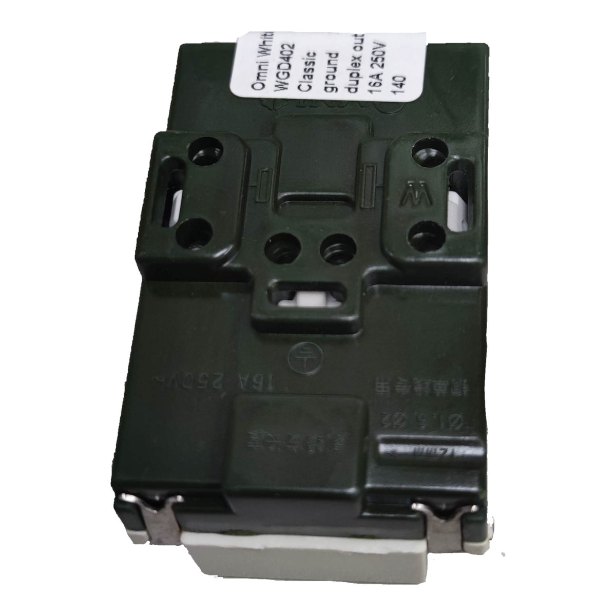 A black electrical contact block with a white label showing specifications, photographed on a white background.