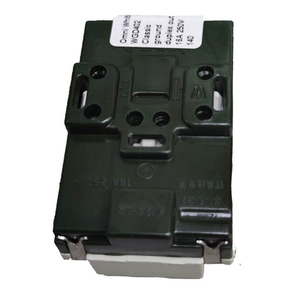 A black electrical contact block with a white label showing specifications, photographed on a white background.