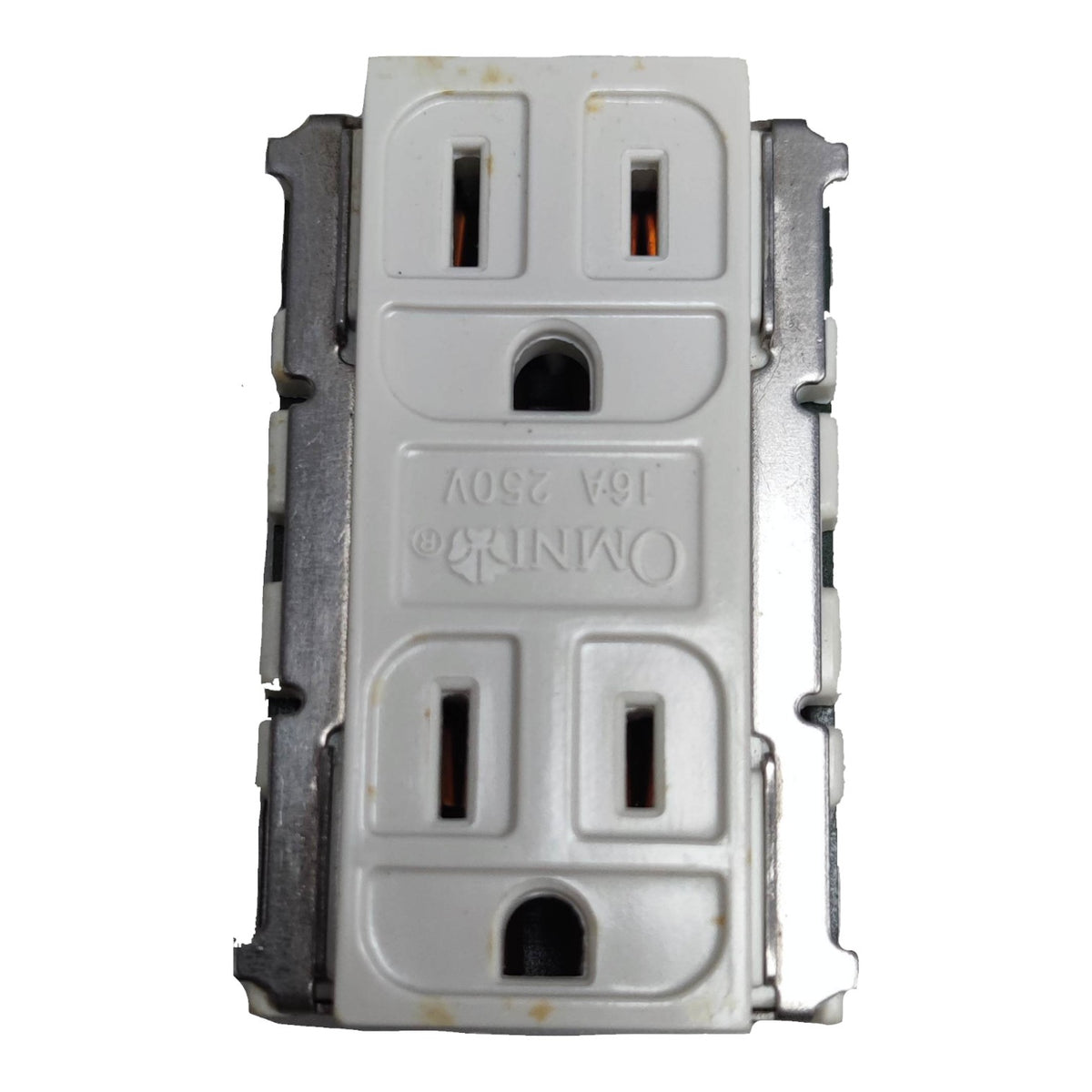 An Omnilite 3-prong outlet backplate cover, featuring a white plastic front insert with a silver metal side frame, photographed on a solid white background.