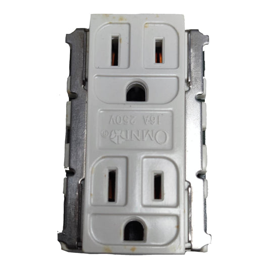 An Omnilite 3-prong outlet backplate cover, featuring a white plastic front insert with a silver metal side frame, photographed on a solid white background.